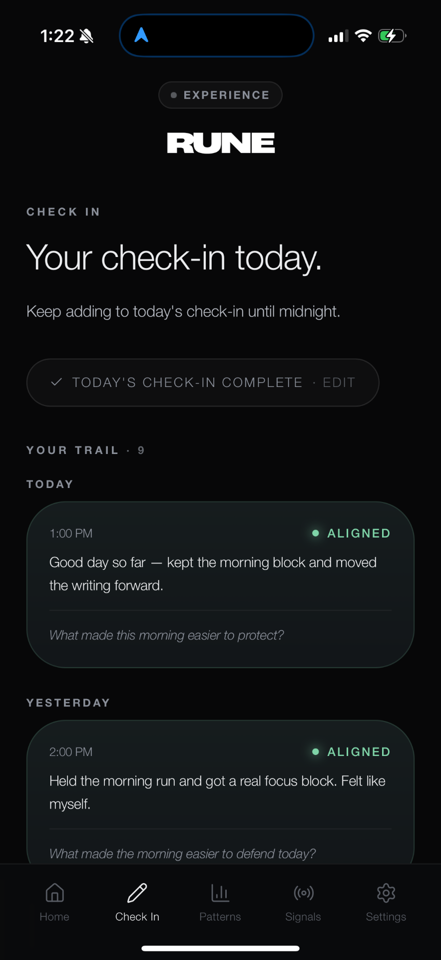 RUNE CHECK-IN screen